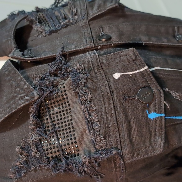 DNA, Hand-painted Black Distressed Women's Denim Jacket with Blue Accents,Size S - Picture 10 of 15